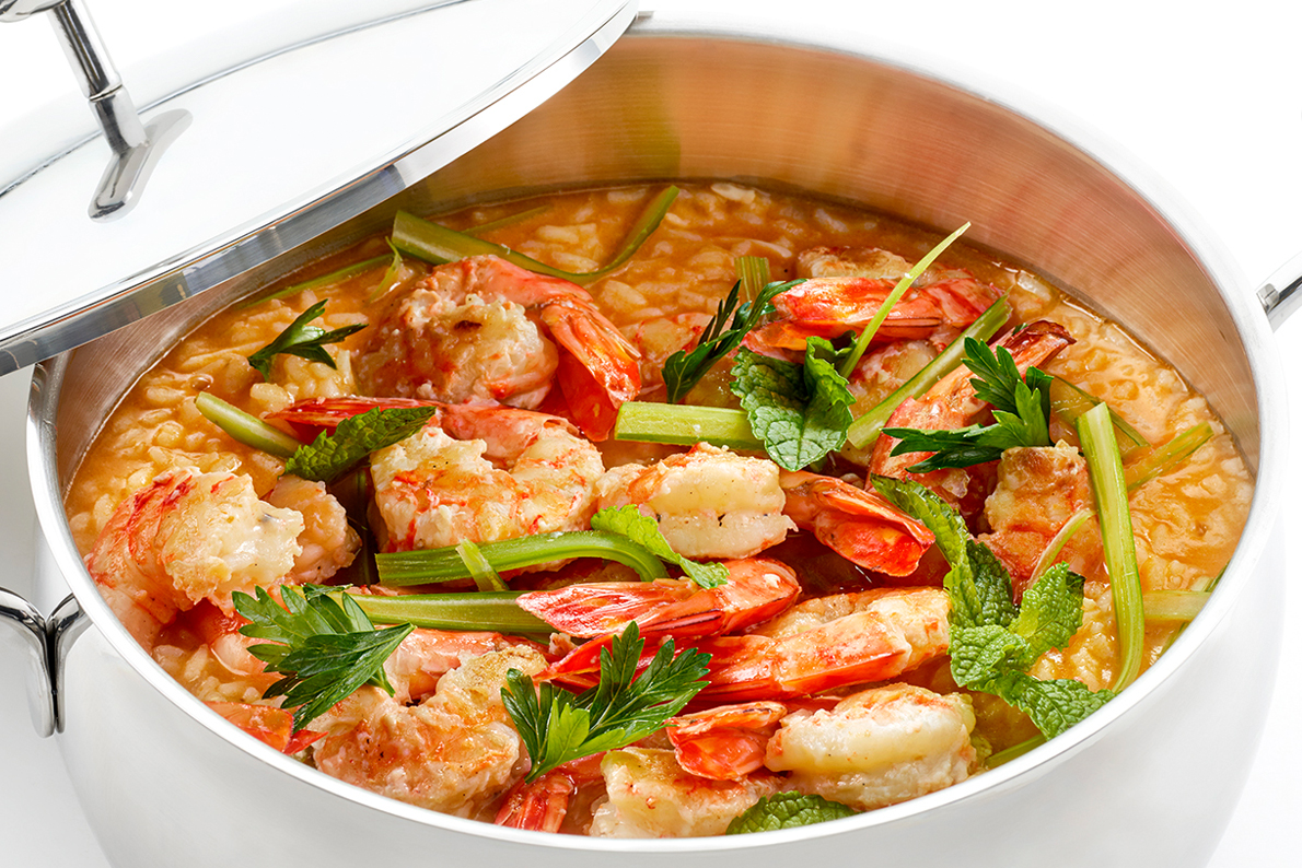Prawn, tomatoes, celery and mint rice